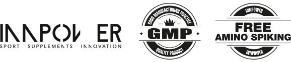 Logotipo de Innpower con el sello GMP, good manufacturing practice y el sello de free amino spiking